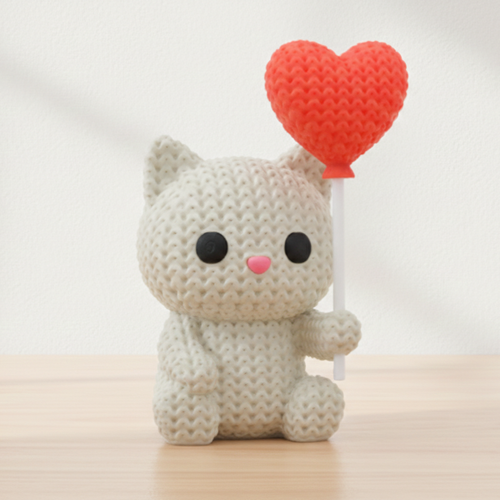 3D printet strikket kat med hjerte ballon